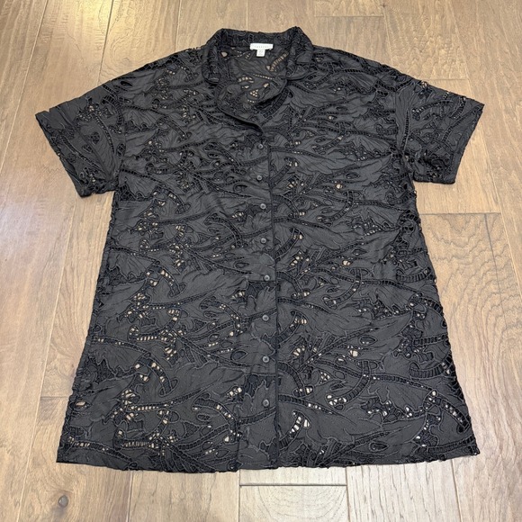 TOPSHOP Black Embroidered Lace Button Down Shirt Top Women US 12 UK L - Picture 1 of 8